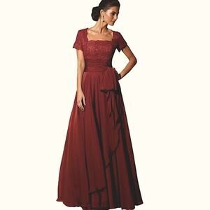 Alyce Paris Black Label 29264 Square Neck Lace And Chiffon Gown Burgundy Size 14